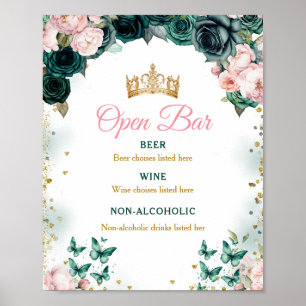 Smaragdgroen Quinceañera Open Bar Roze Bloemen Poster