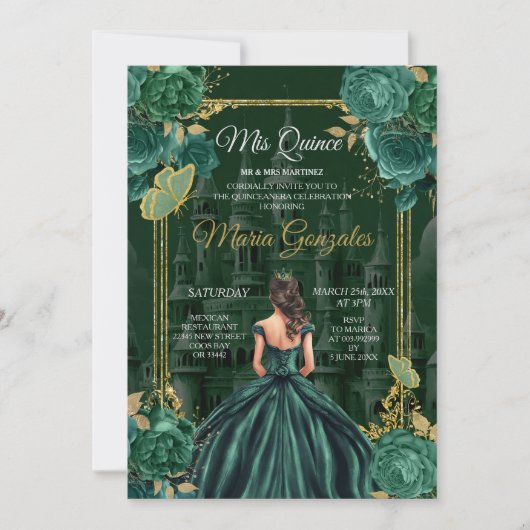 Smaragdgroen Quinceañera Prinses Vlinder Kaart (Voorkant)