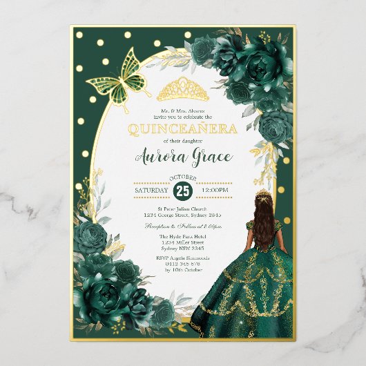 Smaragdgroen Quinceanera Prinses Vlinderfeest Folie Uitnodiging (Voorkant)