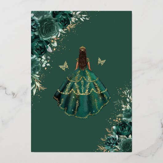 Smaragdgroen Quinceanera Prinses Vlinderfeest Folie Uitnodiging (Achterkant)