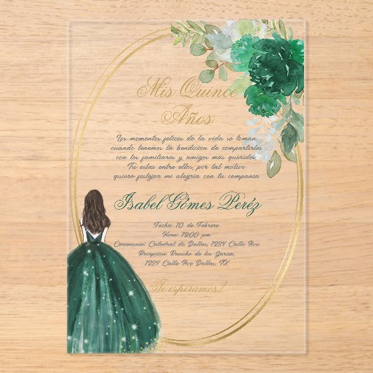 Smaragdgroen Quinceanera silhouet Acryl Uitnodigingen (Voorkant)