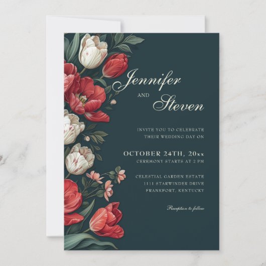 Smaragdgroen & Rode Tulp Botanische Bruiloft Kaart (Voorkant)