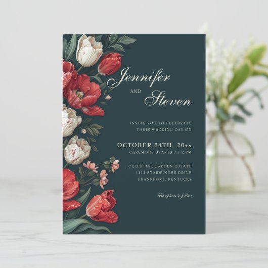 Smaragdgroen & Rode Tulp Botanische Bruiloft Kaart (Staand voorkant)