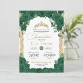 Smaragdgroen Roos Bloemen en Gouden Quinceanera Kaart (Staand voorkant)