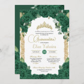 Smaragdgroen Roos Bloemen en Gouden Quinceanera Kaart (Voorkant / Achterkant)