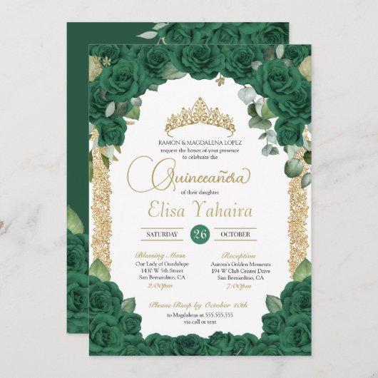 Smaragdgroen Roos Bloemen en Gouden Quinceanera Kaart (Voorkant / Achterkant)