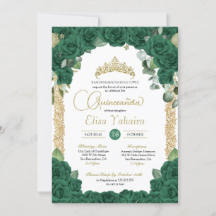 Smaragdgroen Roos Bloemen en Gouden Quinceanera Kaart