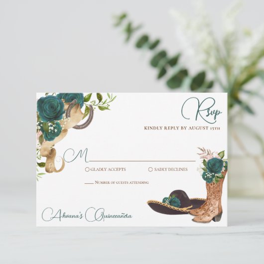 Smaragdgroen Roos Charro Western Quinceanera RSVP Kaartje (Staand voorkant)
