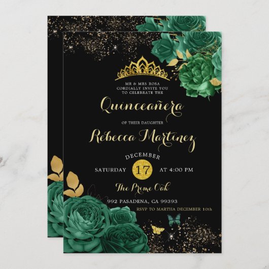 Smaragdgroen Roos en zwart Mis 15 Años Kaart (Voorkant / Achterkant)