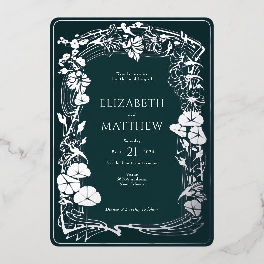 Smaragdgroen Roos Gouden Bloemen Bruiloft Folie Uitnodiging (Voorkant)