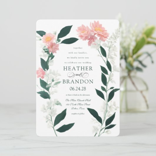 Smaragdgroen roze bloemblaadje bruiloft kaart (Staand voorkant)