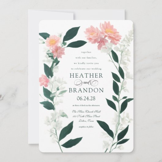 Smaragdgroen roze bloemblaadje bruiloft kaart (Voorkant)