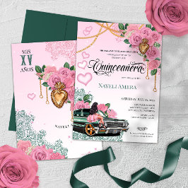 Smaragdgroen Roze Roze Lowrider Chola Quinceanera Kaart