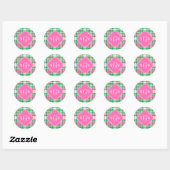 Smaragdgroen Roze Wit Preppy Madras Monogram Ronde Sticker (Vel)