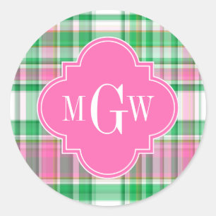 Smaragdgroen Roze Wit Preppy Madras Monogram Ronde Sticker