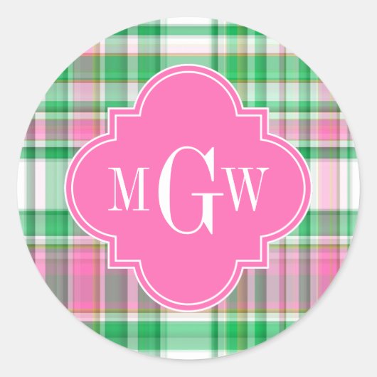 Smaragdgroen Roze Wit Preppy Madras Monogram Ronde Sticker (Voorkant)