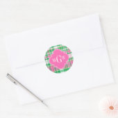 Smaragdgroen Roze Wit Preppy Madras Monogram Ronde Sticker (Envelop)