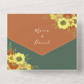 Smaragdgroen rustieke zonnebloemen bruiloft all in one uitnodiging (Achterkant)