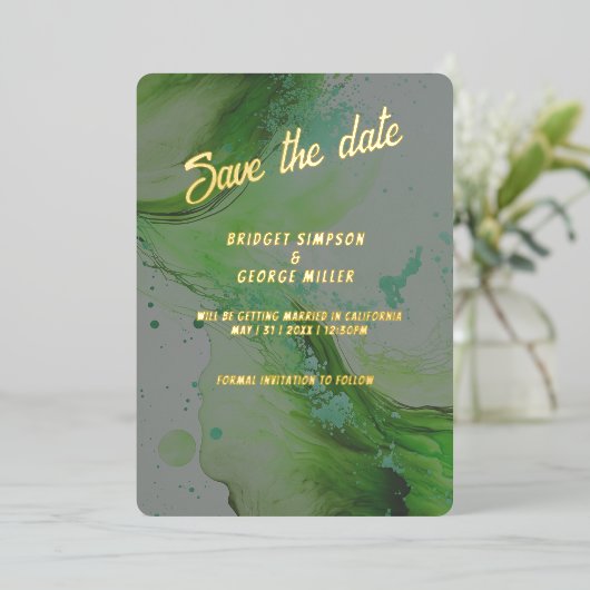 Smaragdgroen save the date gouden Folie Uitnodigin Folie Uitnodiging (Staand Voorkant)