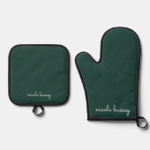 Smaragdgroen script | Stijlvol Monogram Modern Ovenwant & Pannenlap Set (Voorkant)