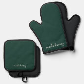 Smaragdgroen script | Stijlvol Monogram Modern Ovenwant & Pannenlap Set (Voorkant / Achterkant)