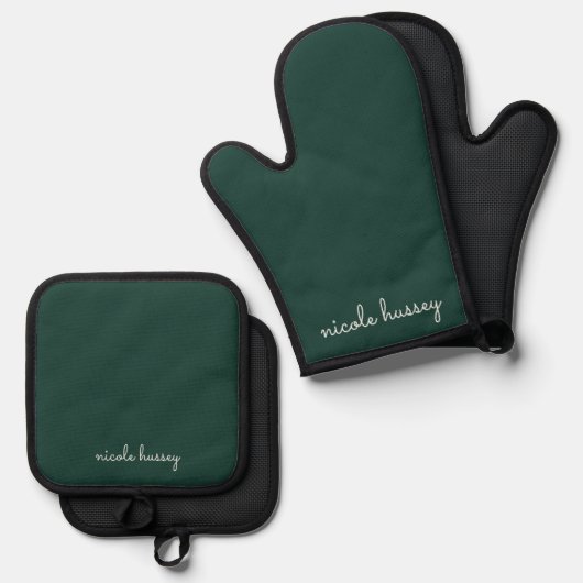 Smaragdgroen script | Stijlvol Monogram Modern Ovenwant & Pannenlap Set (Voorkant / Achterkant)