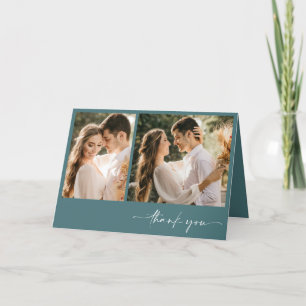 Smaragdgroen Twee foto Elegante bruiloft dank u Bedankkaart