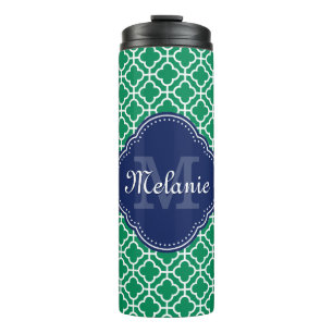 Smaragdgroen Wit Marokkaans Patroon Navy Monogram Thermosbeker