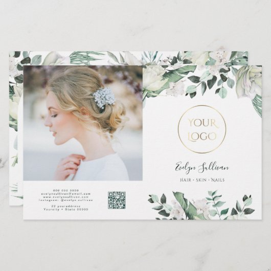 Smaragdgroen Witte bloemen Bifold brochure (Voorkant / Achterkant)