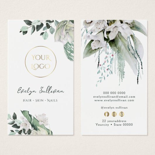 Smaragdgroen Witte bloemen logo visitekaartje (Voorkant /achterkant)
