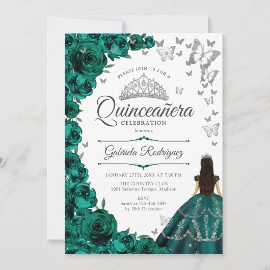 Smaragdgroen Zilver Bloemen Quinceanera Kaart (Voorkant)