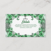 Smaragdgroen zilver glitter bloemenkruistaart informatiekaartje (Achterkant)