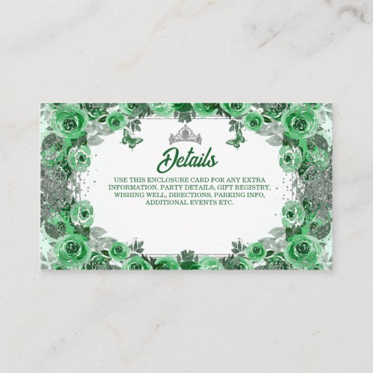 Smaragdgroen zilver glitter bloemenkruistaart informatiekaartje (Achterkant)