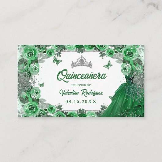 Smaragdgroen zilver glitter bloemenkruistaart informatiekaartje (Voorkant)