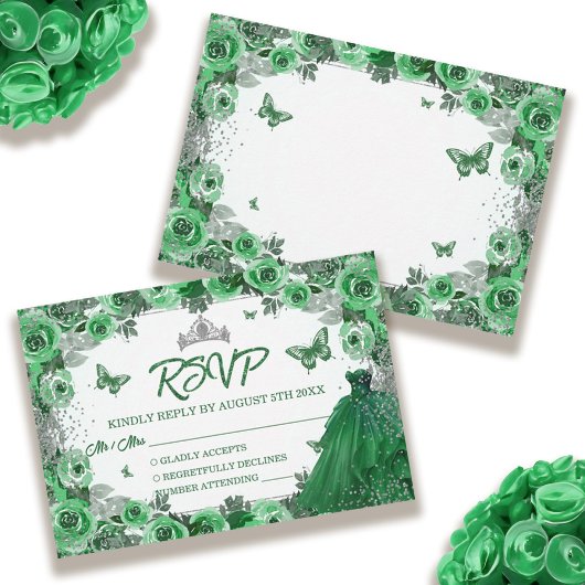 Smaragdgroen zilver glitter bloemenkruistaart RSVP kaartje