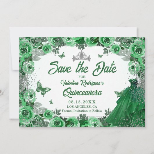 Smaragdgroen zilver glitter bloemenkruistaart save the date (Voorkant)
