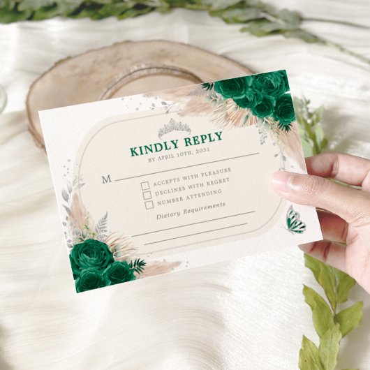 Smaragdgroen Zilver Quinceanera Tiara RSVP Informatiekaartje