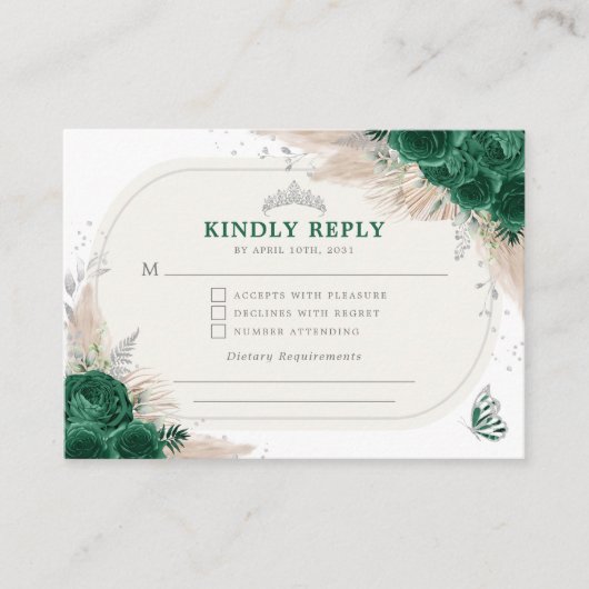 Smaragdgroen Zilver Quinceanera Tiara RSVP Informatiekaartje (Voorkant)