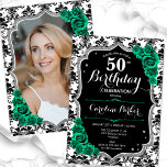 Smaragdgroen zwart damast foto 50e verjaardag kaart<br><div class="desc">Elegante bloemenvrouwelijke 50e verjaardagsuitnodiging met je foto aan de achterkant van de kaart. Glam zwart wit smaragdgroen ontwerp met faux glitter zilver. Beschikt over zwart-wit damast patroon, groene rozen, script lettertype en confetti. Perfect voor een stijlvol volwassen feestje. Personaliseer met je eigen gegevens. Kan voor om het even welke leeftijd...</div>