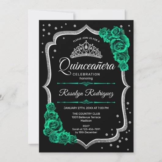 Smaragdgroen Zwart Zilver Elegant Quinceanera Kaart (Voorkant)