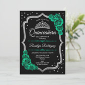 Smaragdgroen Zwart Zilver Elegant Quinceanera Kaart (Staand voorkant)