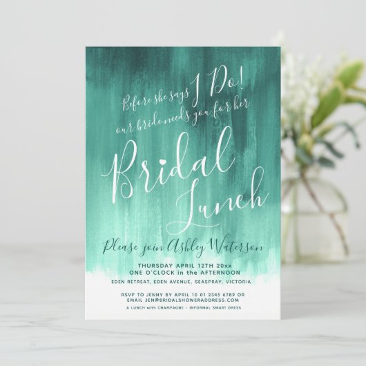 Smaragdgroene abstracte kunst bruids lunch kaart (Staand voorkant)