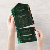 Smaragdgroene agaat gouden script bruiloft all in one uitnodiging (Afscheurbaar)