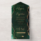 Smaragdgroene agaat gouden script bruiloft all in one uitnodiging (Binnen)