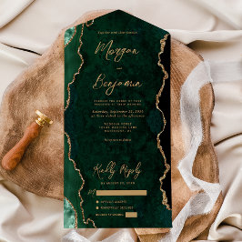 Smaragdgroene agaat gouden script bruiloft all in one uitnodiging
