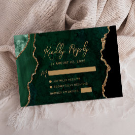 Smaragdgroene agaat gouden script bruiloft RSVP kaartje