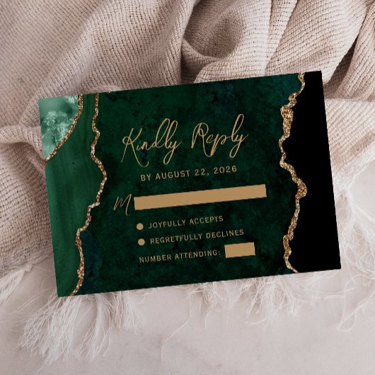 Smaragdgroene agaat gouden script bruiloft RSVP kaartje