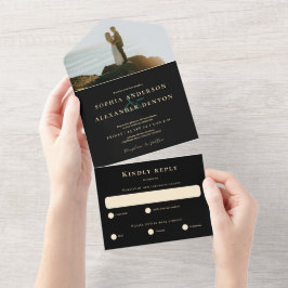 Smaragdgroene agaat zwart foto bruiloft all in one uitnodiging