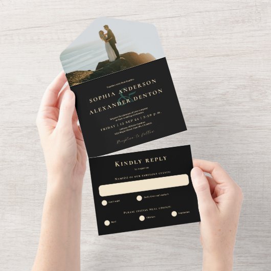 Smaragdgroene agaat zwart foto bruiloft all in one uitnodiging (Afscheurbaar)