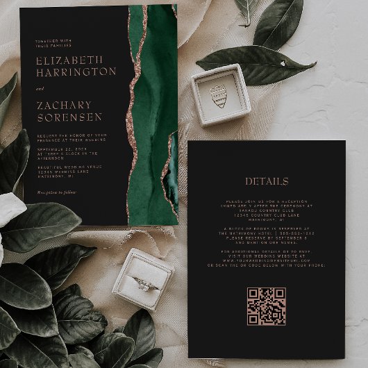 Smaragdgroene Agate Roze Goud QR Code Trouwdag Kaart